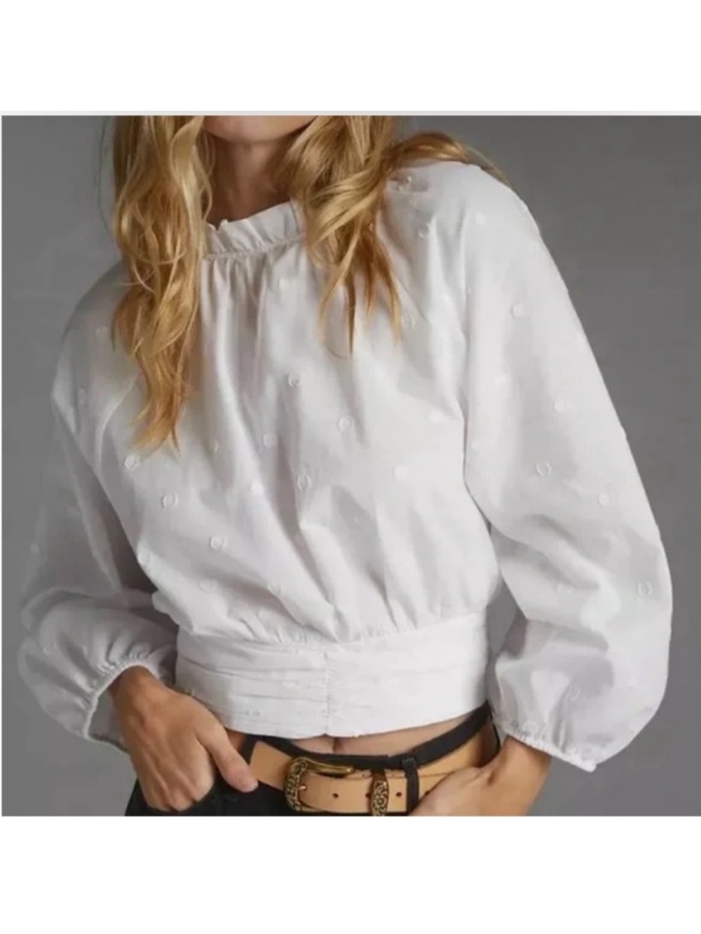 Anthropologie Maeve Polka-Dot Puffed Sleeve White Cotton Blouse